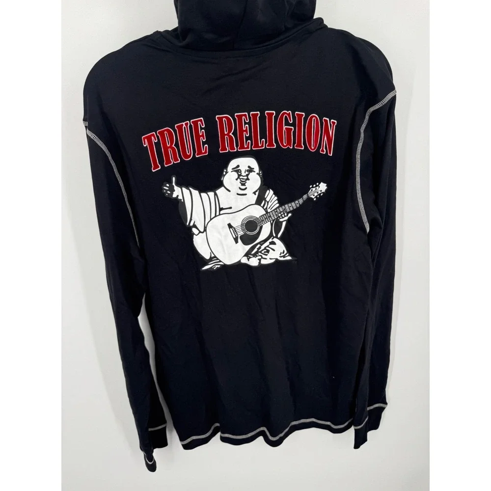 NWT True Religion Flocked Logo Hooded Henley T-Shirt Shirt Men's Large Jet Black